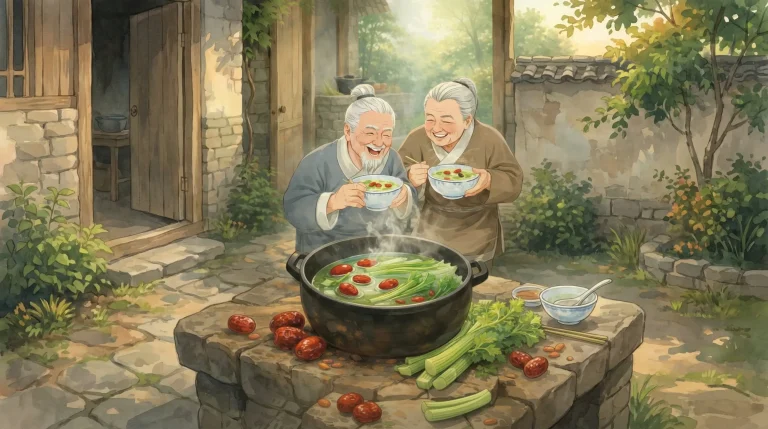 Ông bà lớn tuổi uống canh cần tây táo đỏ kỷ tử, khói bốc nhẹ trong sân nhà kiểu Trung Hoa