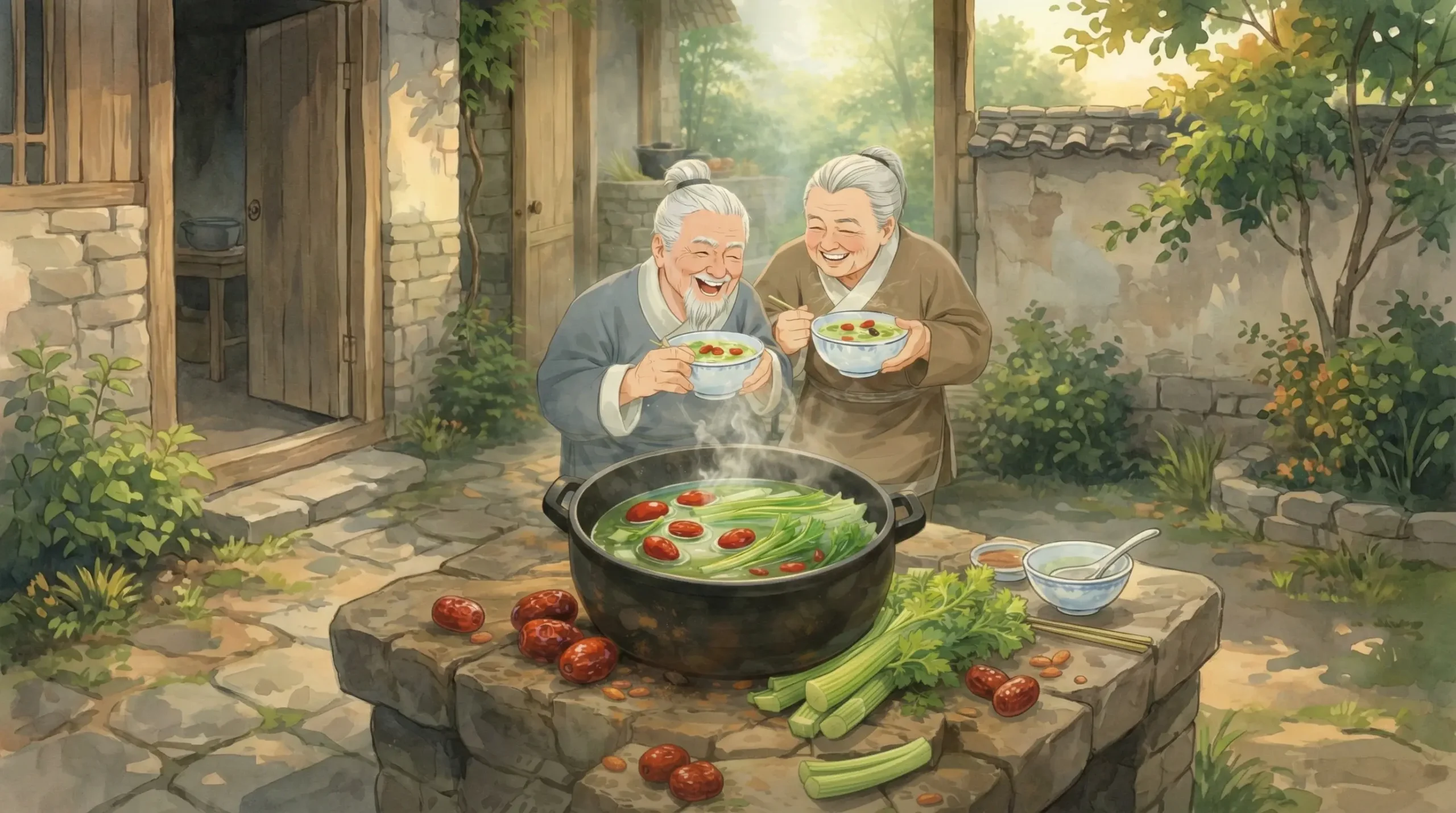Ông bà lớn tuổi uống canh cần tây táo đỏ kỷ tử, khói bốc nhẹ trong sân nhà kiểu Trung Hoa